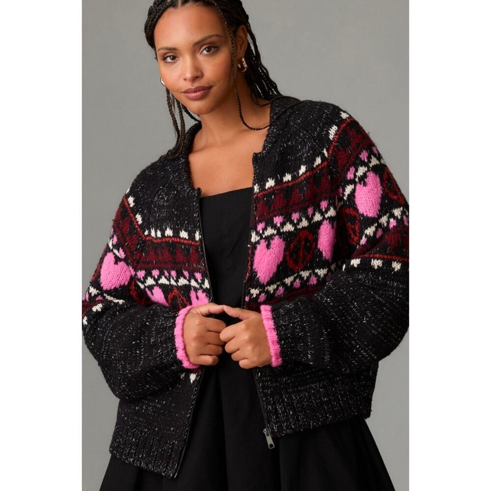 Pilcro by Anthropologie Peace Love Icon Hearts Zip Up Sweater Retails $168